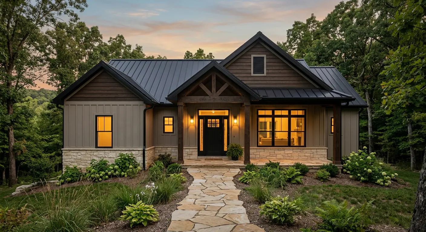 Standing-seam metal roof on a steep-pitched Ozark home in Springfield, Missouri at dusk