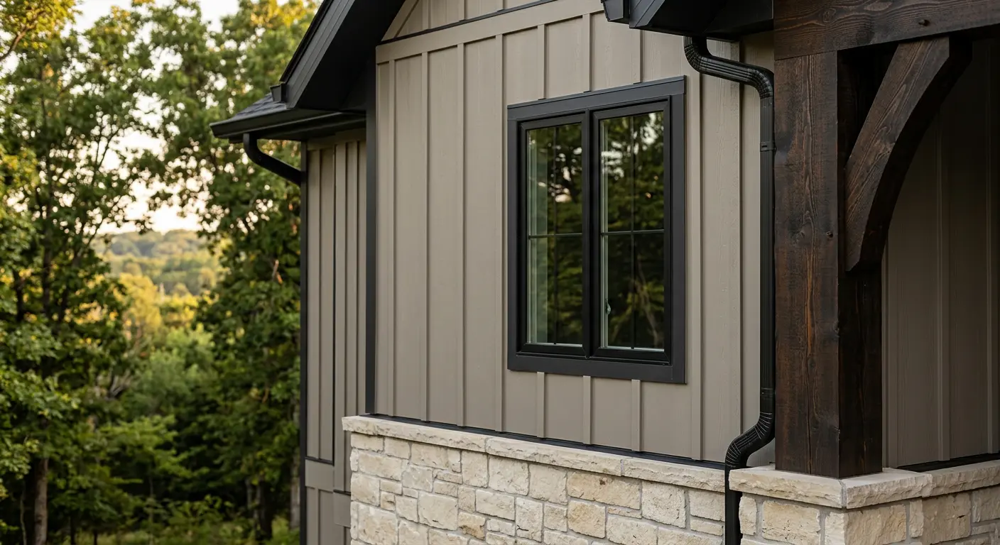Mixed wood and fiber-cement siding detail on an Ozark home in Springfield, Missouri
