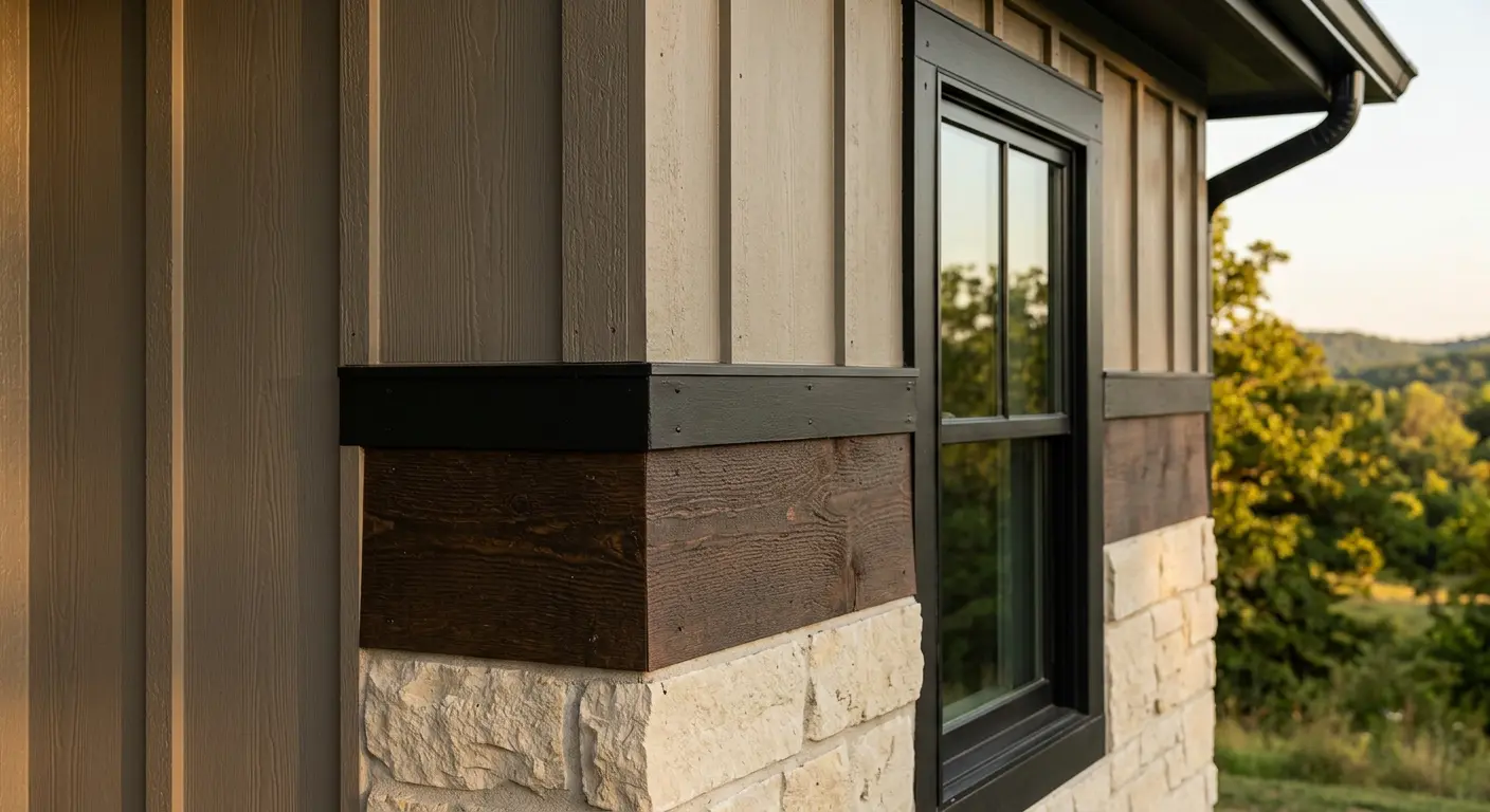 Home siding detail in Springfield, Missouri with mixed dark wood and fiber-cement panels